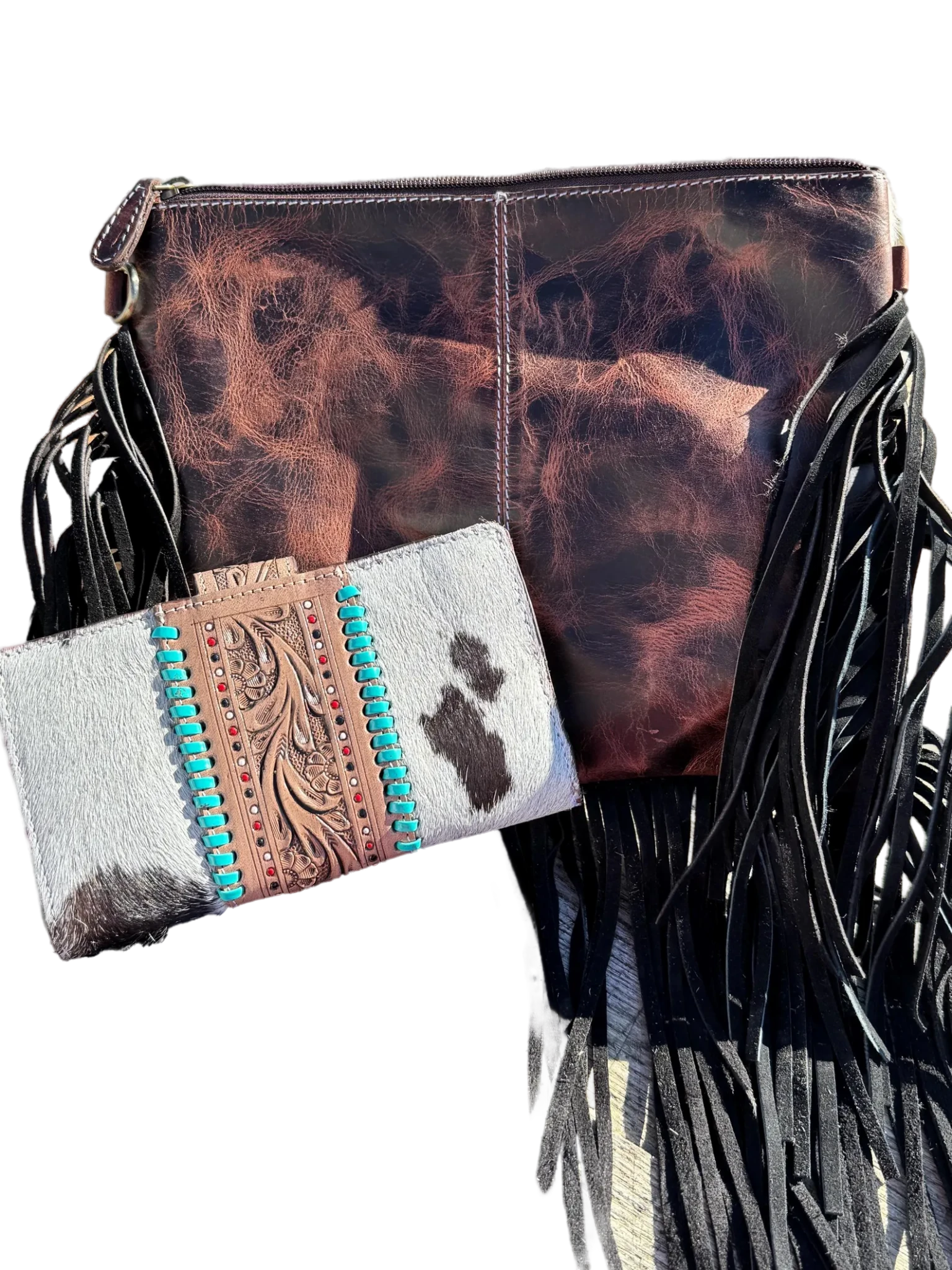 Genuine Western Cowhide Leather Purse and Wallet with Ace Cards painted details and black fringe.